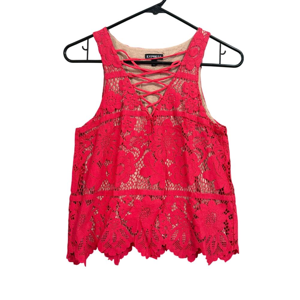 Express Womens Blouse Red Tan Lace Floral Mesh Sheer Tank V Neck Stretch XS